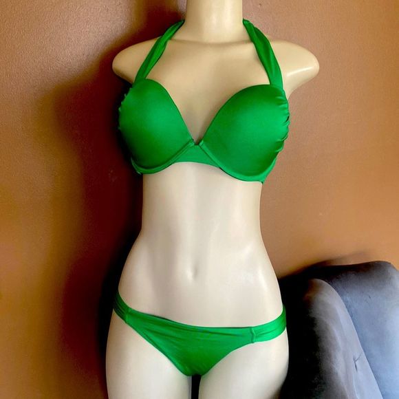 Victoria’s Secret BOMBSHELL Bikini Swim Bra Panties swimsuit Kelly Green RARE - Picture 1 of 11